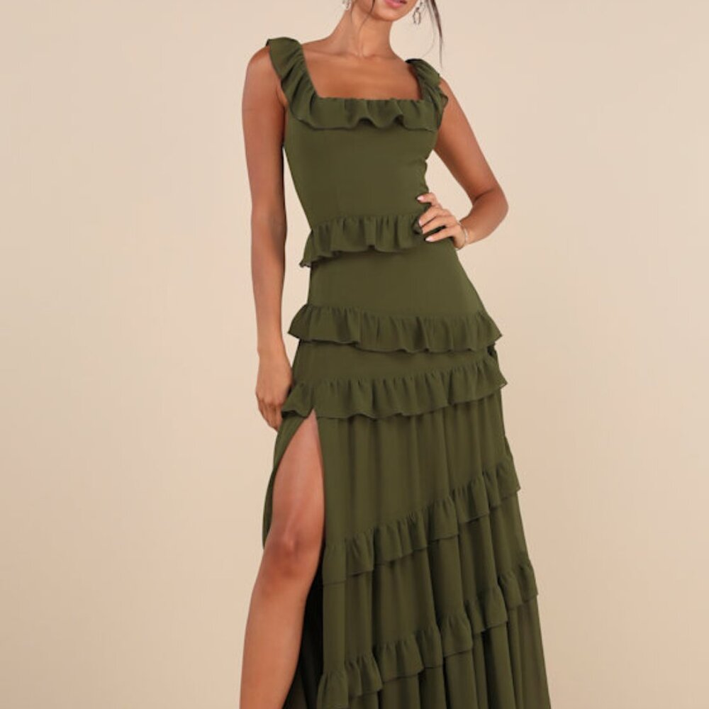 Lulus Compelling Romantic Olive Green Ruffled Tiered Maxi Dress - Size 1X